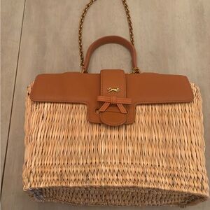 Elegant Tan Woven Satchel with Leather Trim